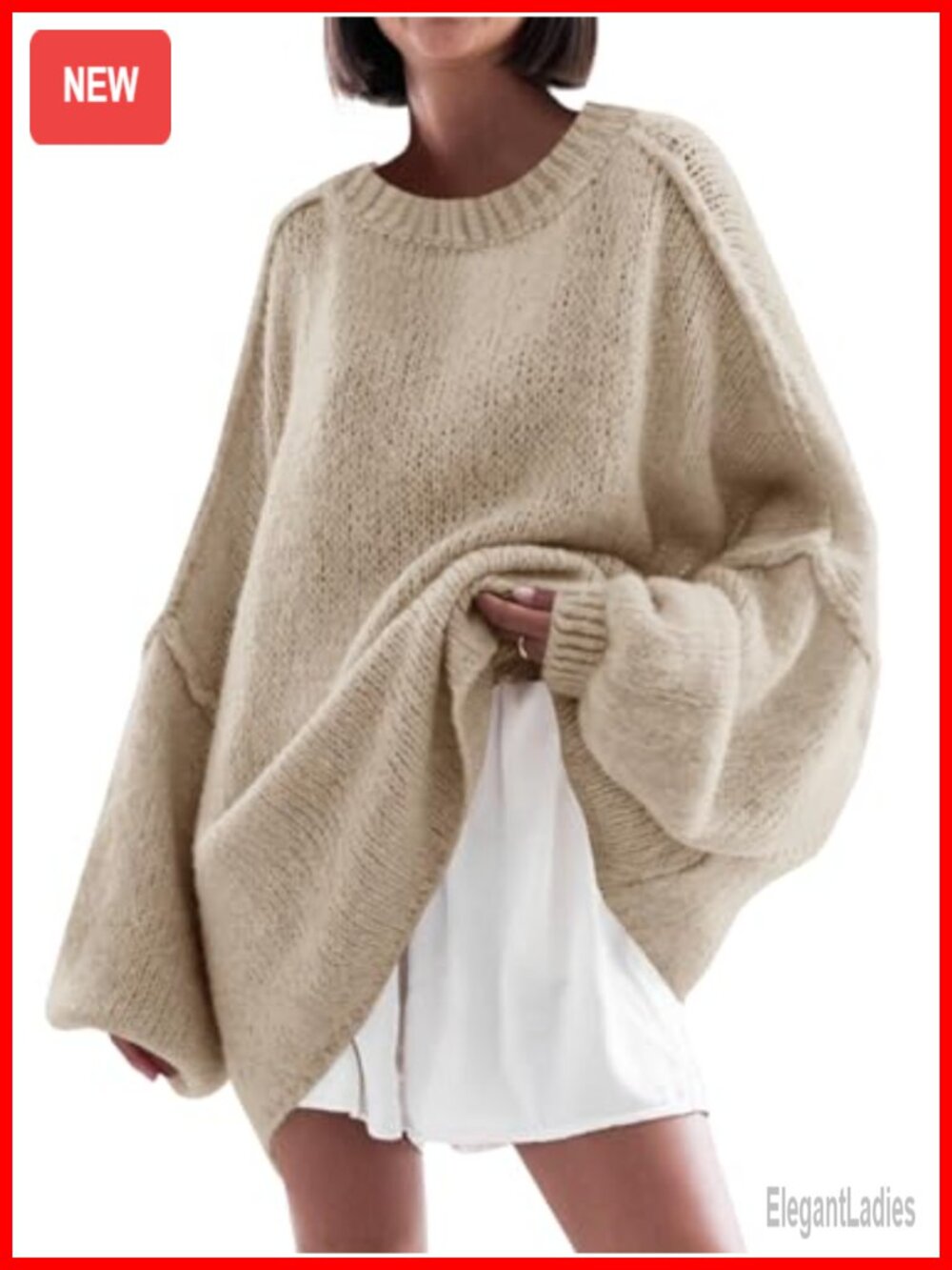 Oversized Ribbed Knit Tunic Sweater Lantern Sleeve Crewneck Pullover
